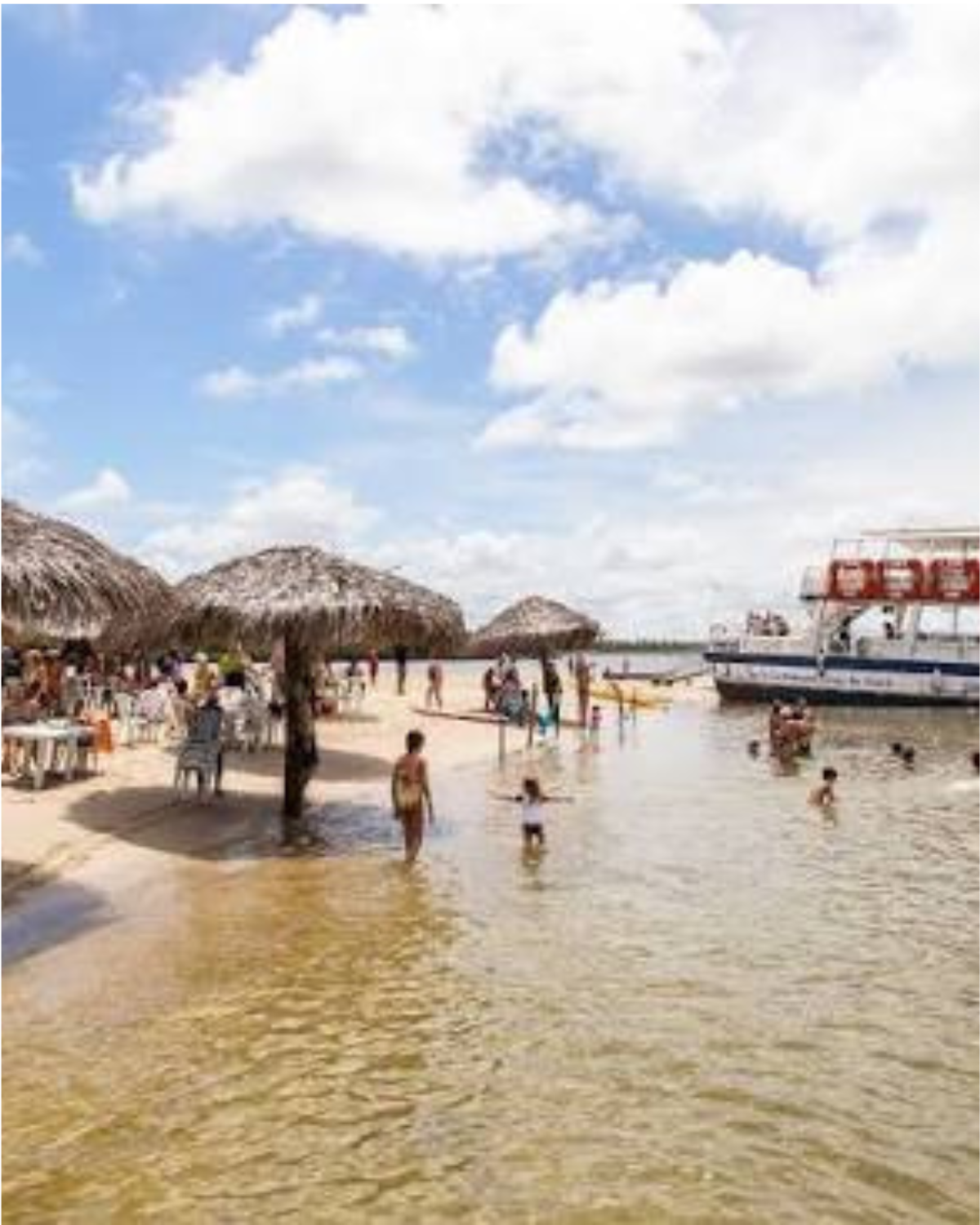 Vista panorâmica da Croa do Goré, em Aracaju, Sergipe, com banco de areia, águas calmas, catamarãs, coqueiros e paisagem paradisíaca cercada pelos manguezais.