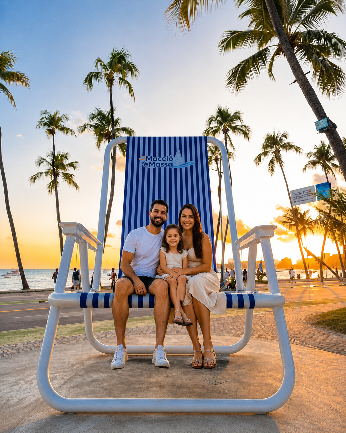 Família aproveitando o pôr do sol na cadeira gigante da orla de Maceió, Alagoas, cercada por coqueiros e vista para o mar.