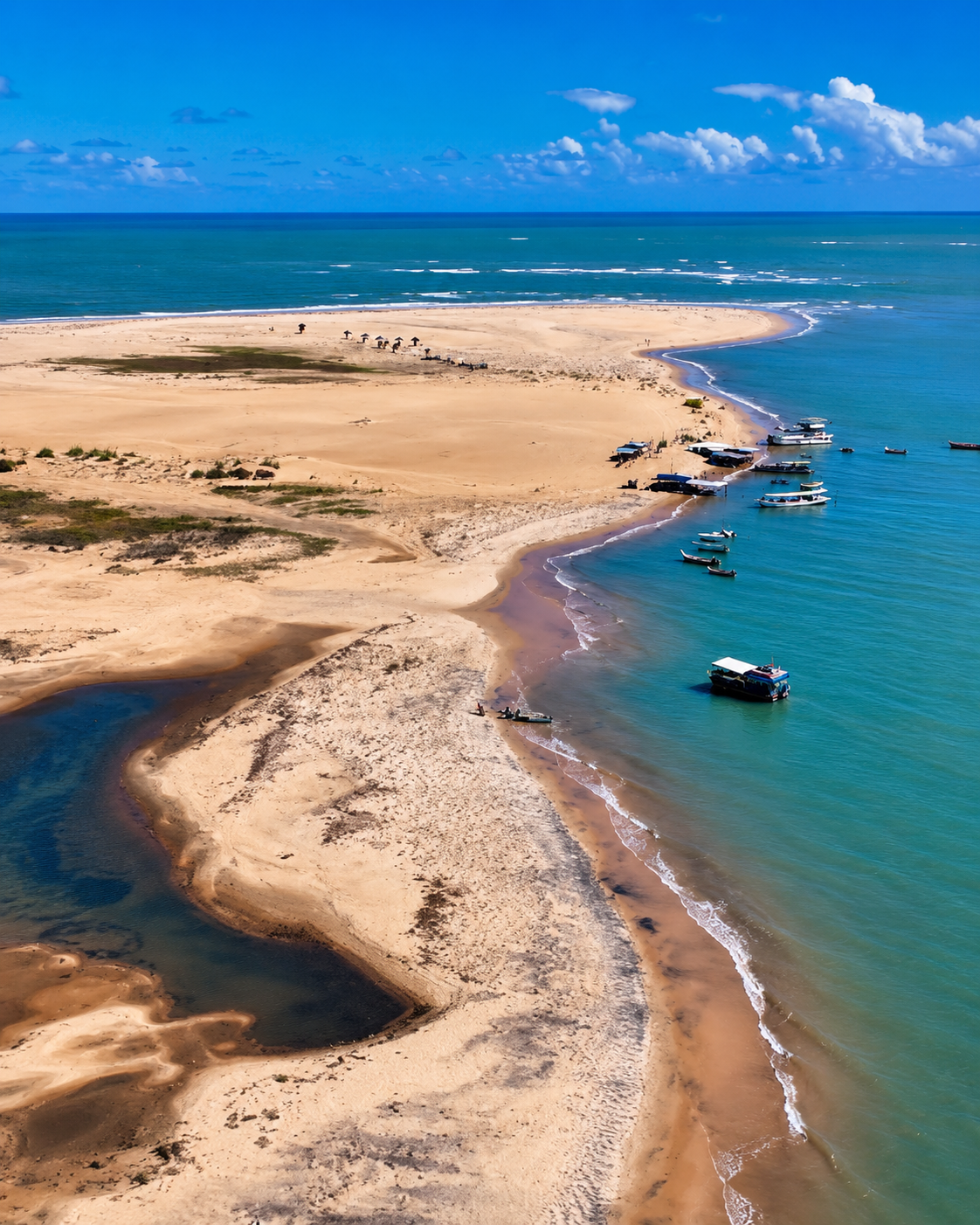 Vista aérea da Foz do Rio São Francisco, na divisa entre Sergipe e Alagoas, com dunas de areia clara, encontro do rio com o Oceano Atlântico, embarcações e paisagem natural.