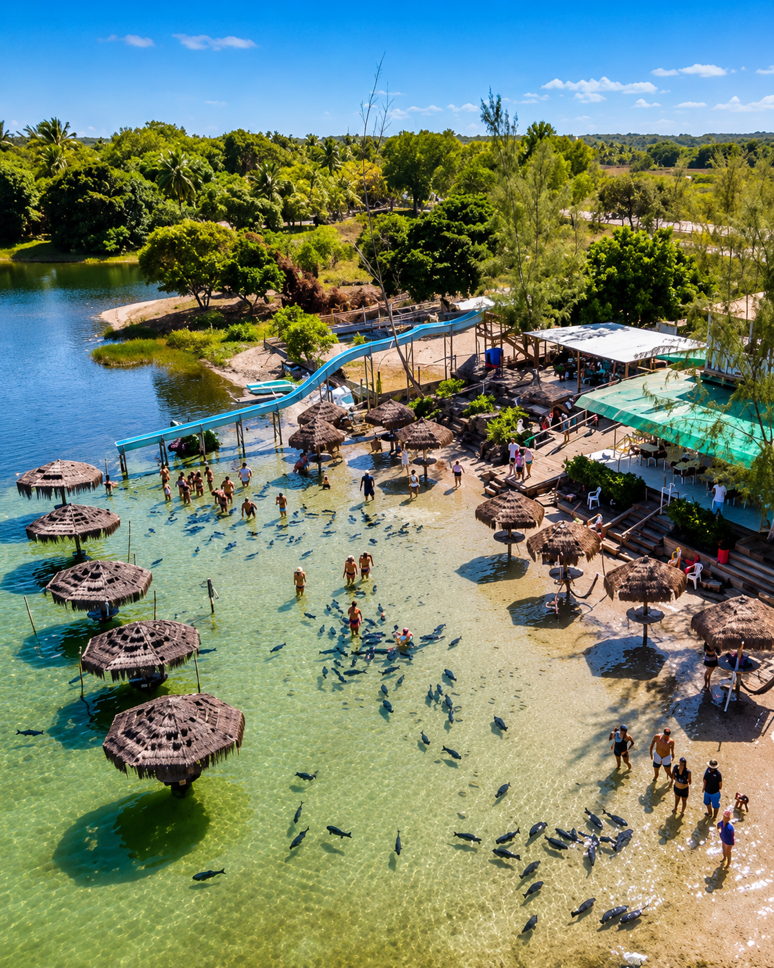Vista aérea da Lagoa dos Tambaquis, em Estância, Sergipe, com águas cristalinas, peixes tambaquis, quiosques sobre a água e visitantes desfrutando de um dos passeios mais famosos da região.