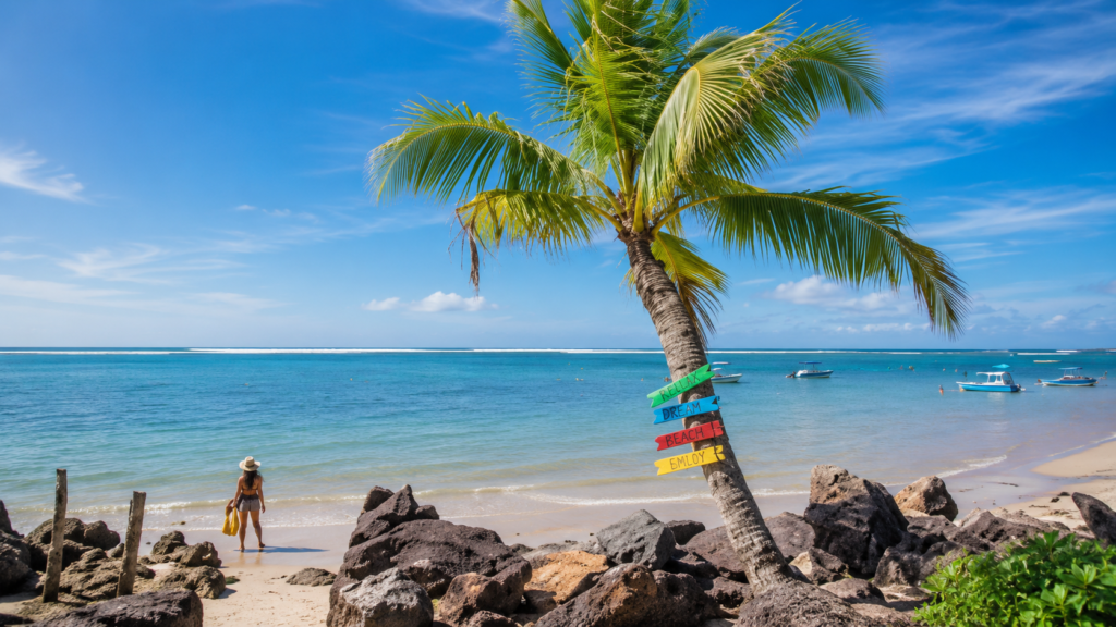 Praia tropical com coqueiro, mar azul cristalino, barcos e cenário paradisíaco para viagem