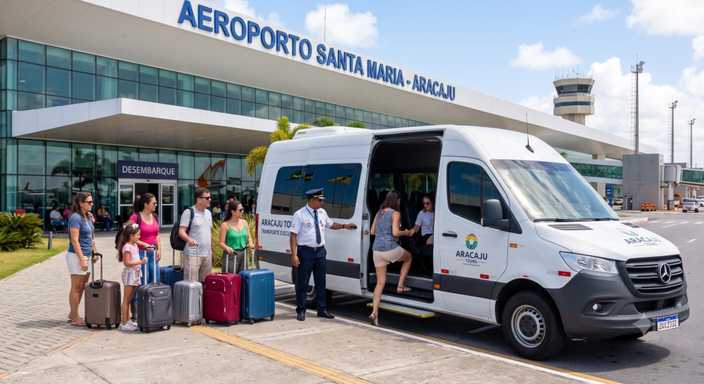 an executiva da Aracaju Tours realizando traslado de turistas em frente ao Aeroporto Santa Maria em Aracaju, Sergipe, oferecendo transporte seguro e receptivo.