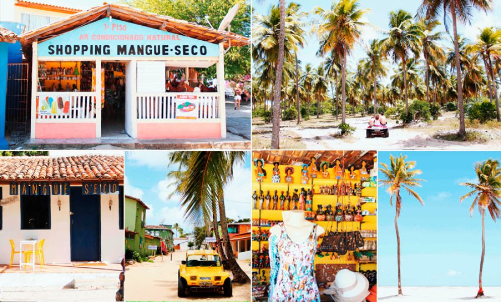 Collage com pontos turísticos de Mangue Seco na Bahia, mostrando vila charmosa, coqueiros, passeio de buggy, comércio local, artesanato e paisagens litorâneas.
